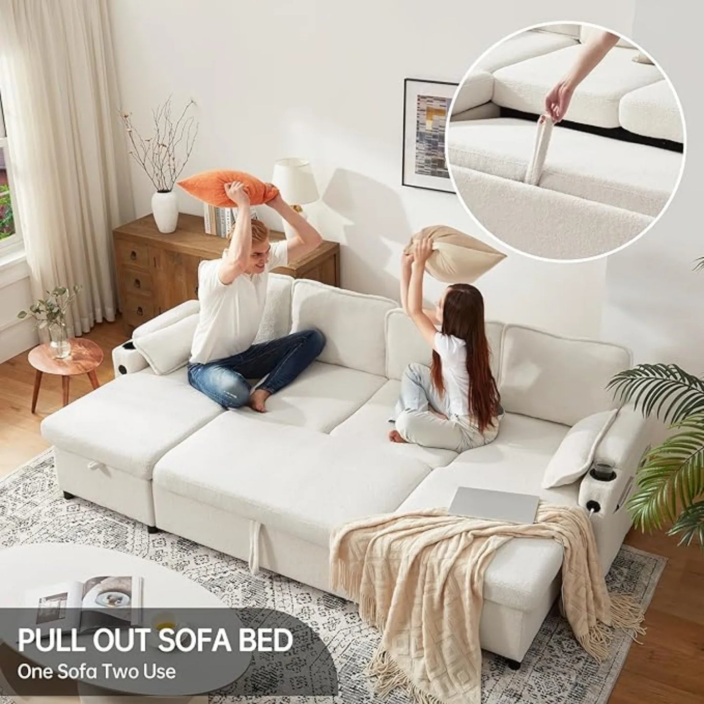 104.3'' U shape Sofa Bed Pull Out Couch Sleeper w/ Double Storage Chaise, U Shaped Convertible Sectional Sleeper Sofa