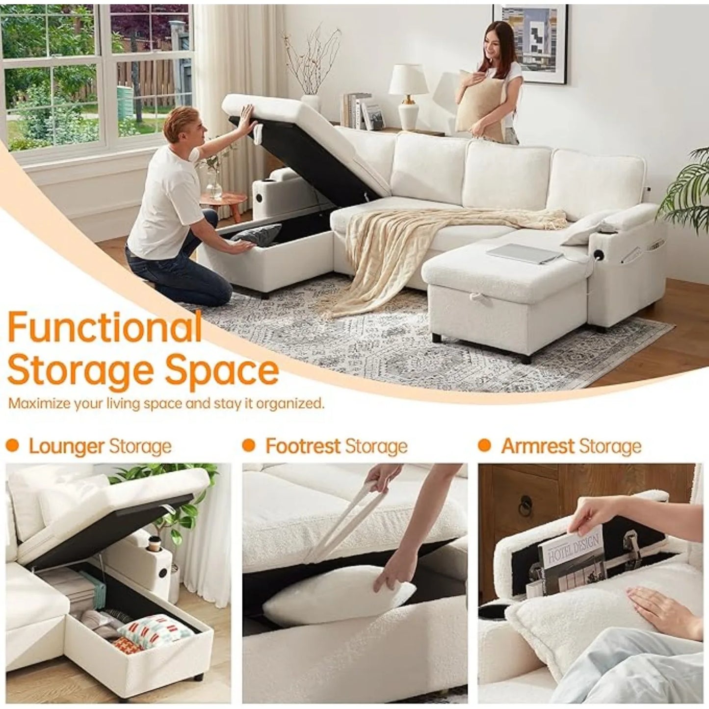 104.3'' U shape Sofa Bed Pull Out Couch Sleeper w/ Double Storage Chaise, U Shaped Convertible Sectional Sleeper Sofa