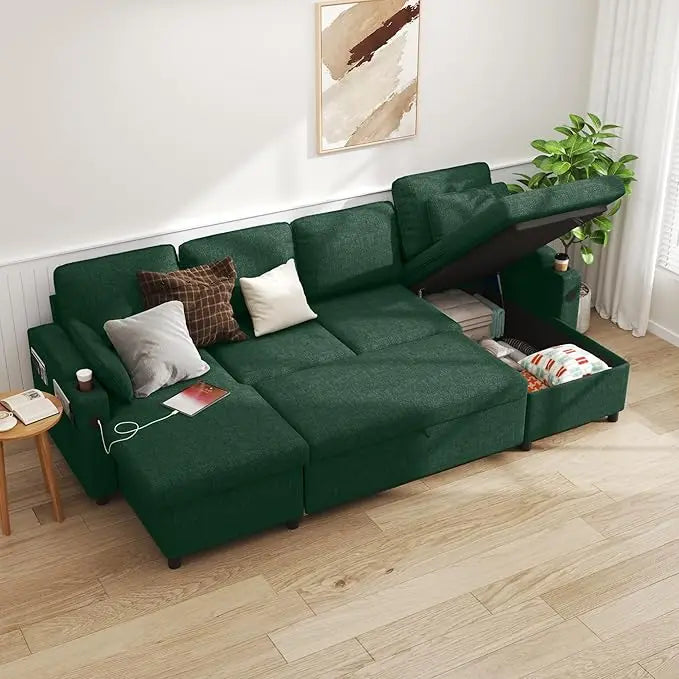 104.3'' U shape Sofa Bed Pull Out Couch Sleeper w/ Double Storage Chaise, U Shaped Convertible Sectional Sleeper Sofa