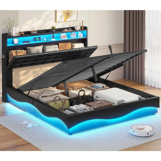 ADORNEVE Lift Up Storage Full Bed Frame with Type-C Charging Station& Hidden Storage Headboard, LED Lights Upholstered Platform