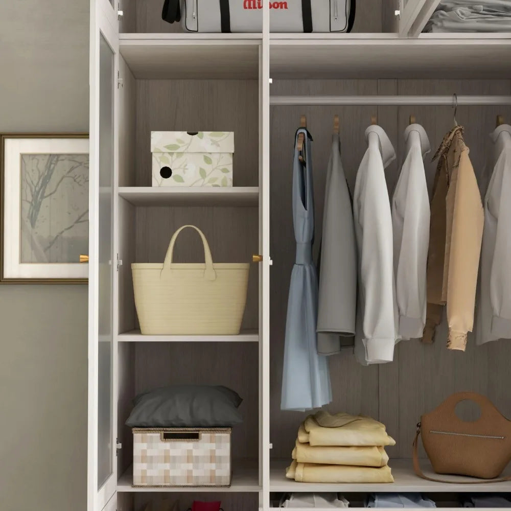 4 Door Wardrobe Armoire Closet, Bedroom Armoire with Frosted Glass Doors, Top Cabinets, Wardrobe