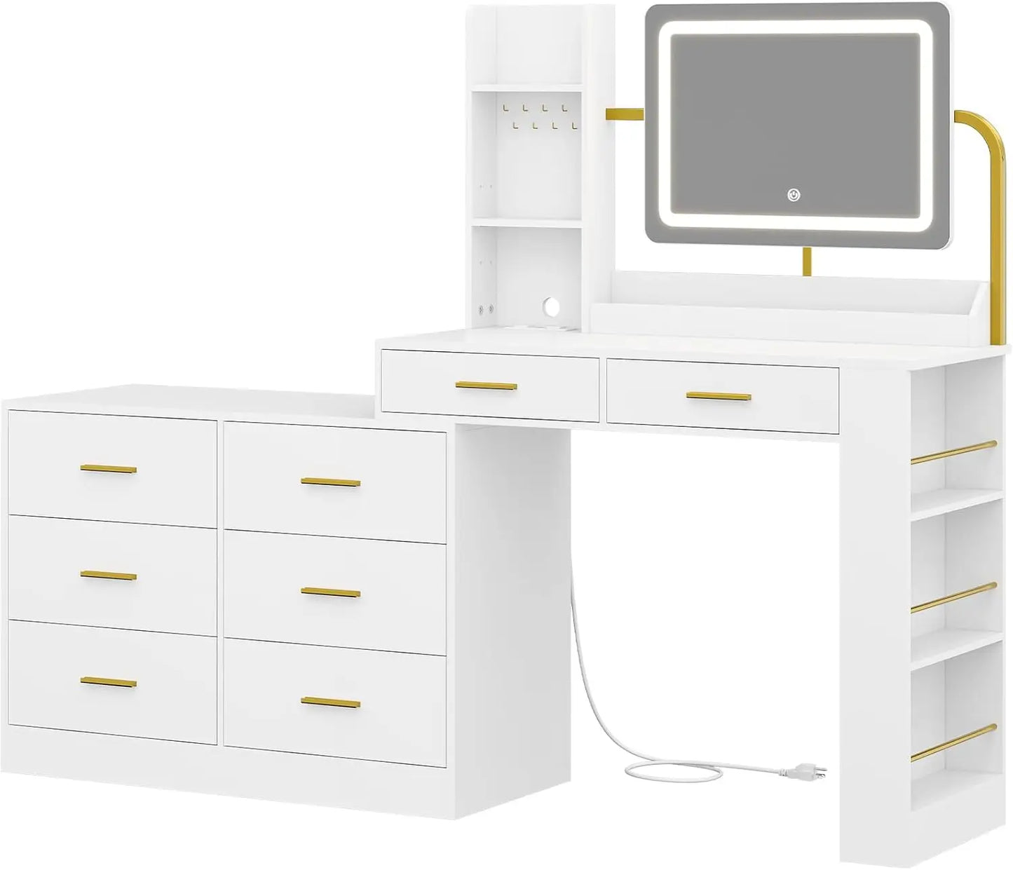 Vanity Desk w/ Mirror & Lights, White Makeup Dressing Vanity Table w/ Charging Station, 8 Drawers, 3 Tiers Tabletop Shelves