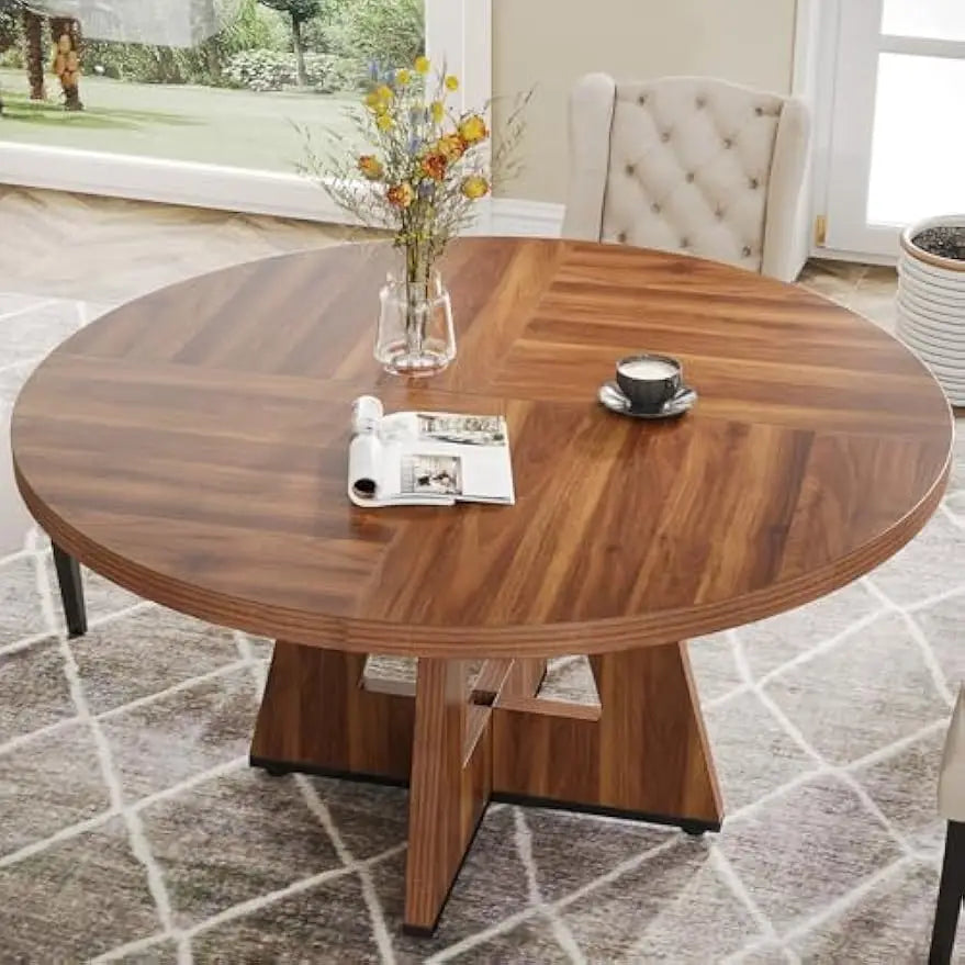Round Dining Table for 4 Farmhouse Dining Room Table with Wooden Pedestal Base