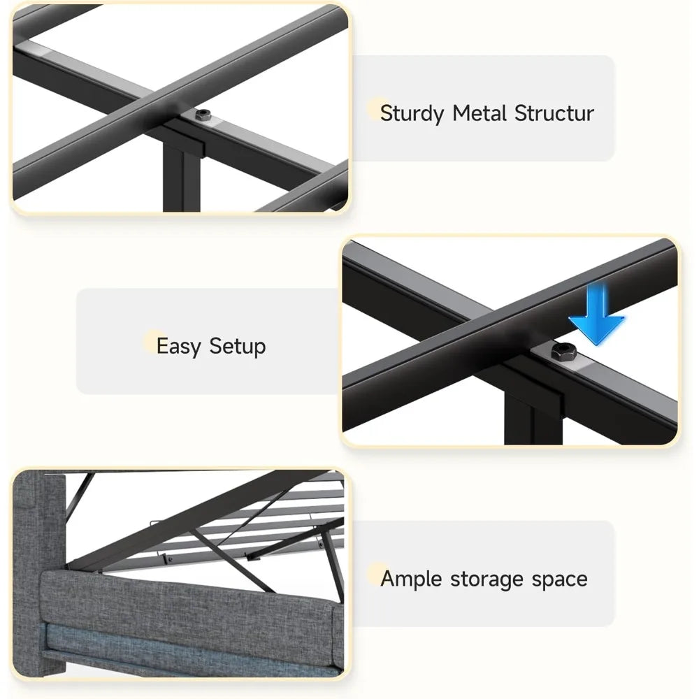 Fameill Full Size Lift Up Storage Bed Frame, Storage Headboard with Charging Station, LED Lights Upholstered Platform Bed, No Bo