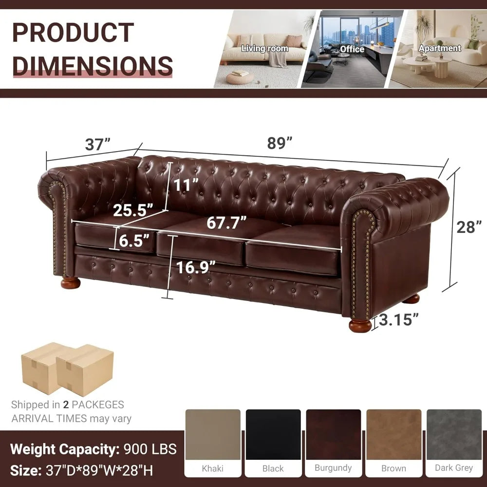 Chesterfield Sofa, 89" Faux Leather Sofa, Upholstered Sofa, Low Back, Rolled Arms Nailhead Trim, Classic 3 Seater Sofa