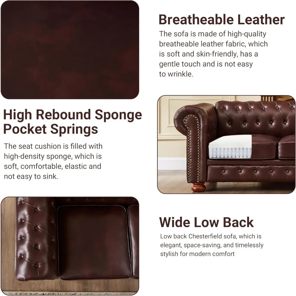 Chesterfield Sofa, 89" Faux Leather Sofa, Upholstered Sofa, Low Back, Rolled Arms Nailhead Trim, Classic 3 Seater Sofa