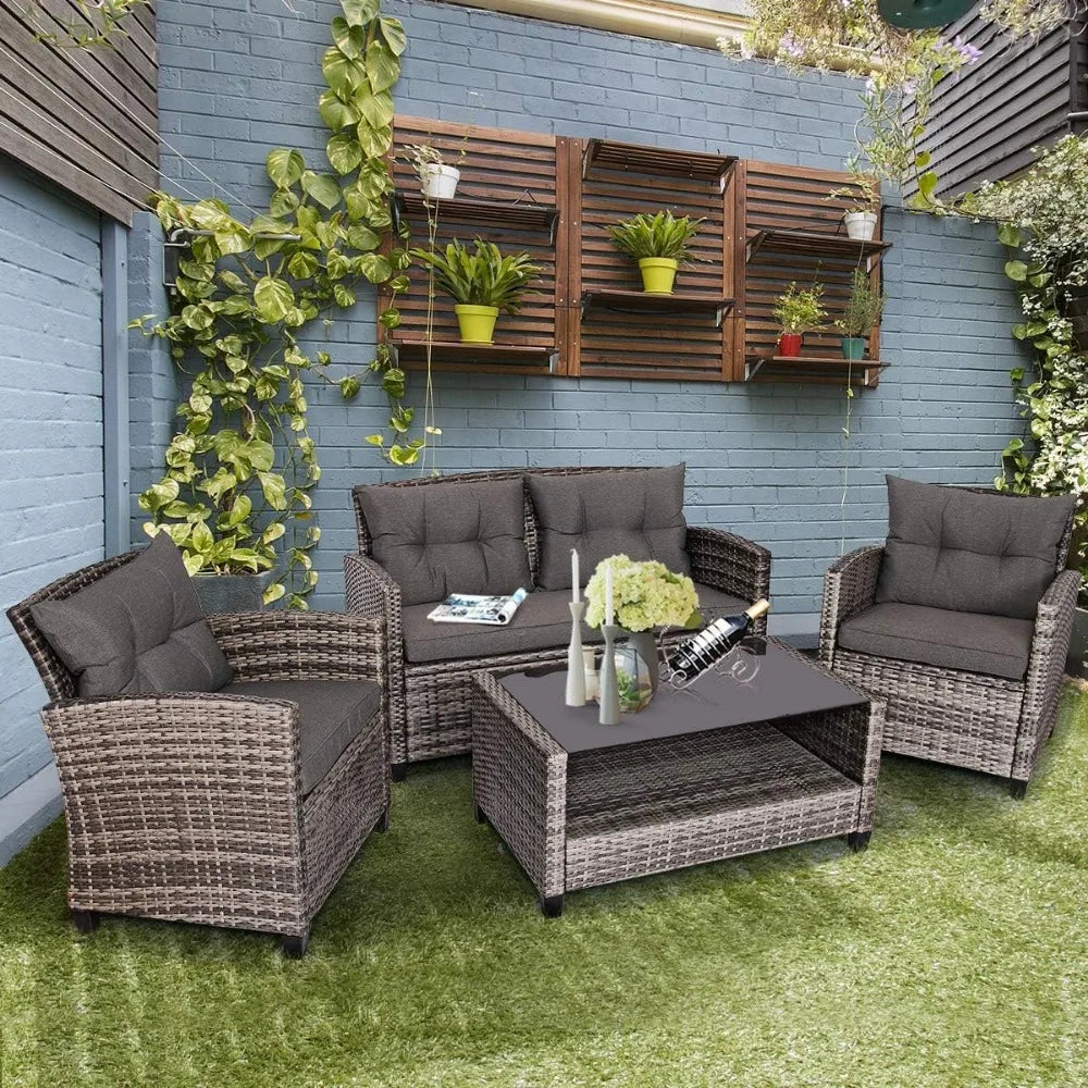 4 PCS Patio Wicker Conversation Furniture Set, Outdoor Rattan Sofa Set with Padded Cushion & Tempered Glass Coffee Table, Wicke