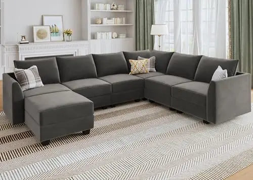 Sectional Sofa Velvet U Shaped Couch with Storage Oversized Modular Sectional Sofa Couch for Living Room Grey