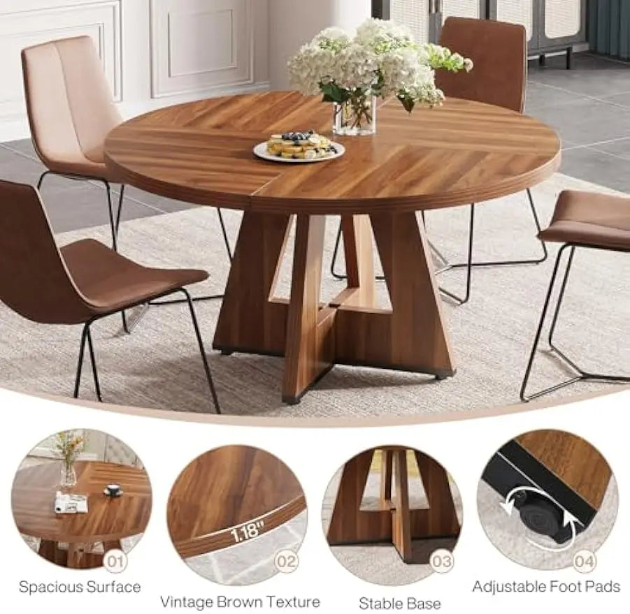 Round Dining Table for 4 Farmhouse Dining Room Table with Wooden Pedestal Base