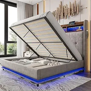 Jocisland Queen Size Bed Frame with Hydraulic Lift Up Storage, 53.1" H Built-in Bookcase & RGB LED Headboard, Velvet Upholstered