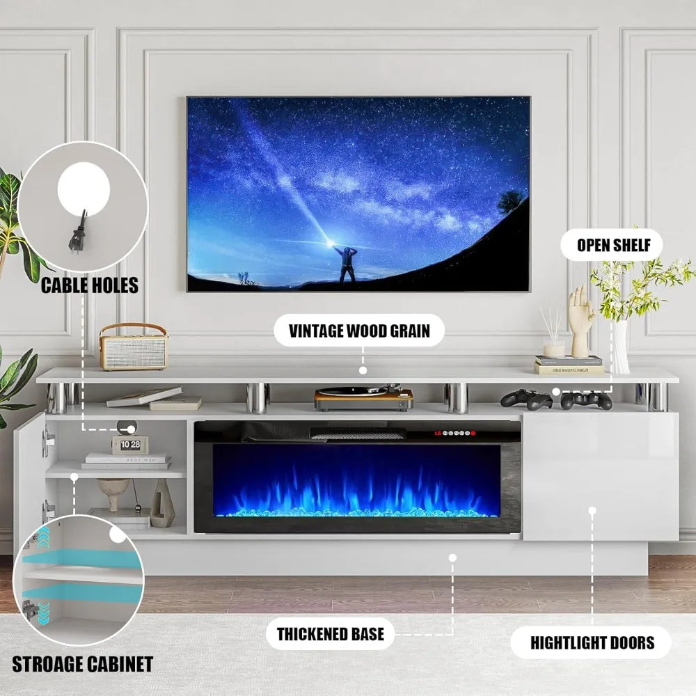 70" Modern Fireplace TV Stand with 36" Electric Fireplace for TVs Up to 80 inch, Luxury LED Light Entertainment Center with High