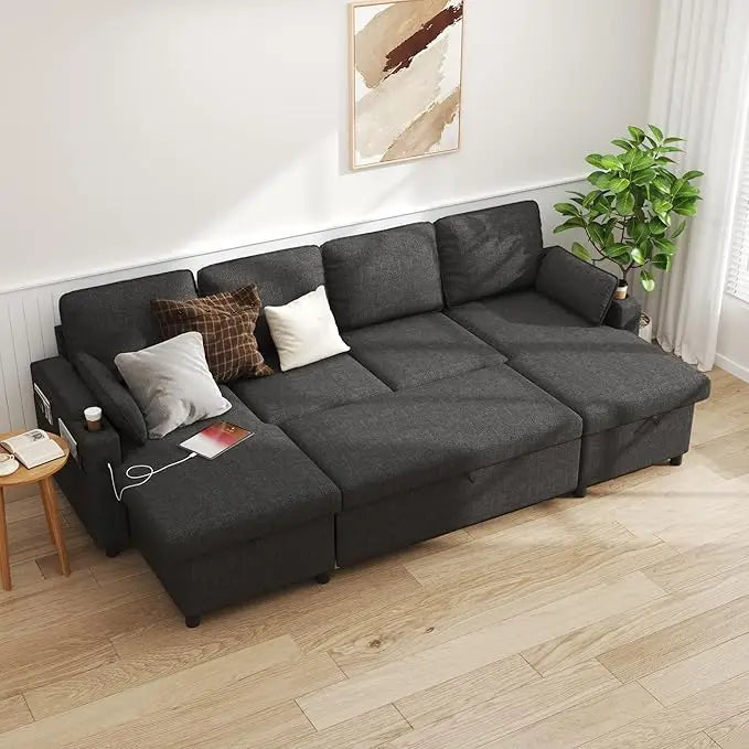 104.3'' U shape Sofa Bed Pull Out Couch Sleeper w/ Double Storage Chaise, U Shaped Convertible Sectional Sleeper Sofa