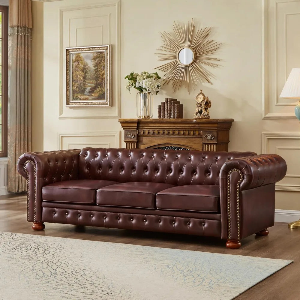 Chesterfield Sofa, 89" Faux Leather Sofa, Upholstered Sofa, Low Back, Rolled Arms Nailhead Trim, Classic 3 Seater Sofa