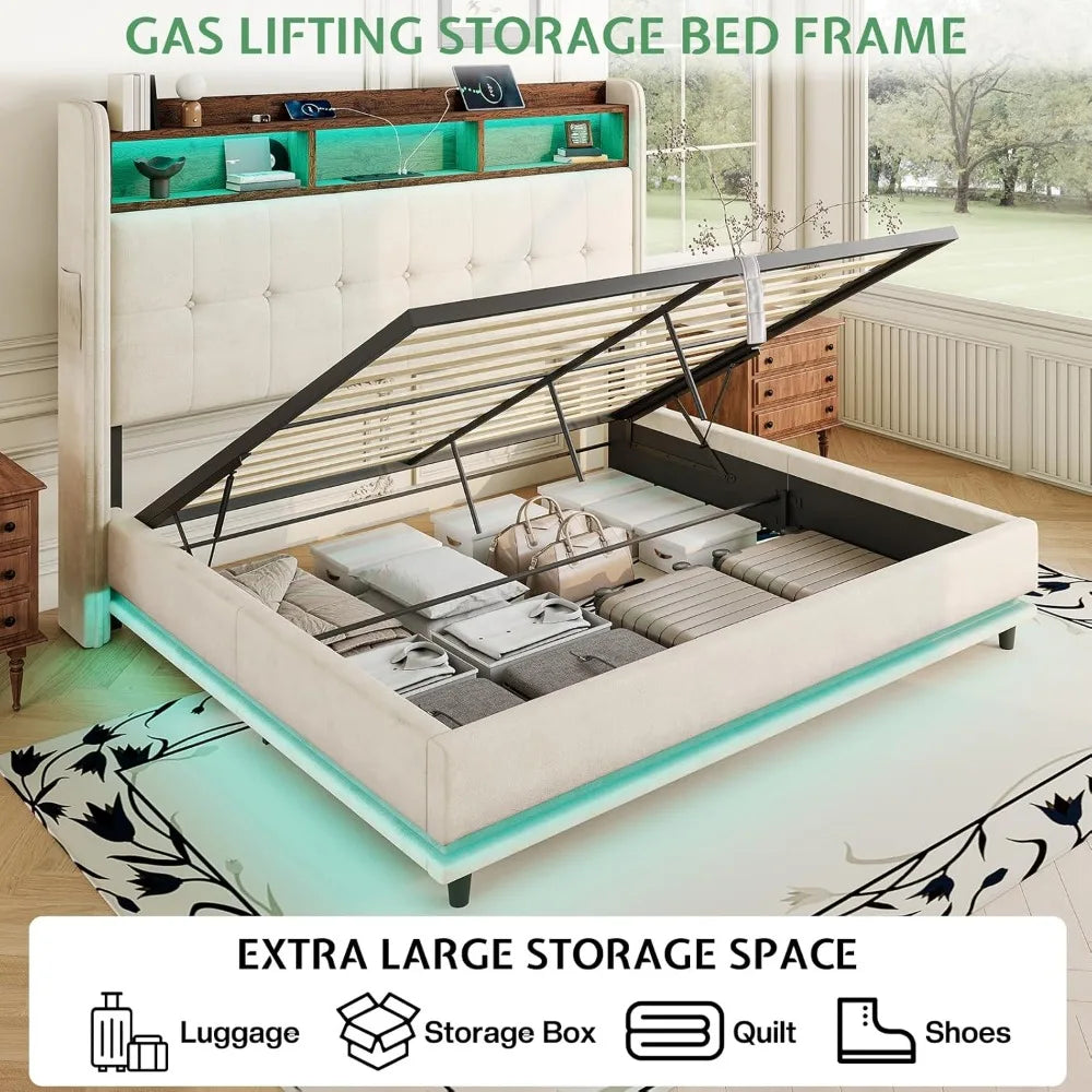 Jocisland Queen Size Bed Frame with Hydraulic Lift Up Storage, 53.1" H Built-in Bookcase & RGB LED Headboard, Velvet Upholstered