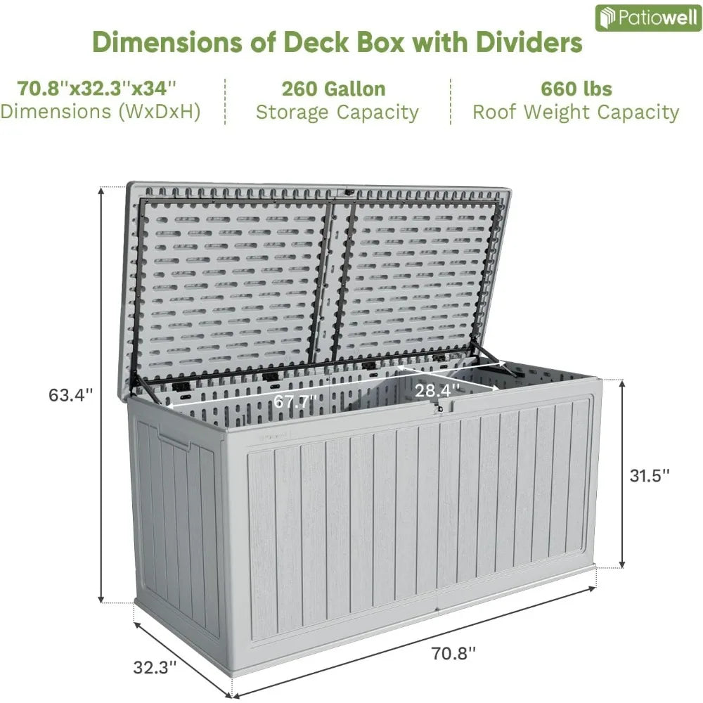 260 Gallon Outdoor Storage Box, Extra-Large Weatherproof Deck Box with Fixed Divider, Lockable and Durable Patio Storage Soluti