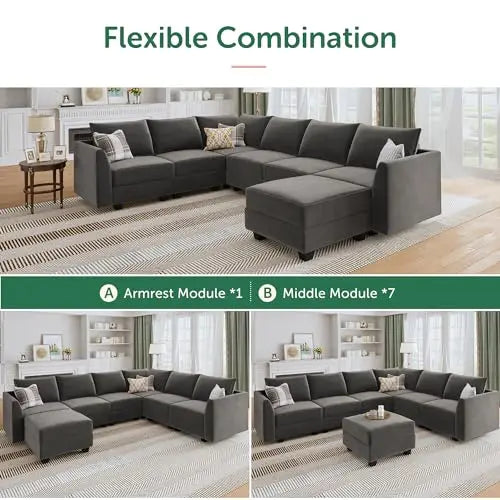 Sectional Sofa Velvet U Shaped Couch with Storage Oversized Modular Sectional Sofa Couch for Living Room Grey