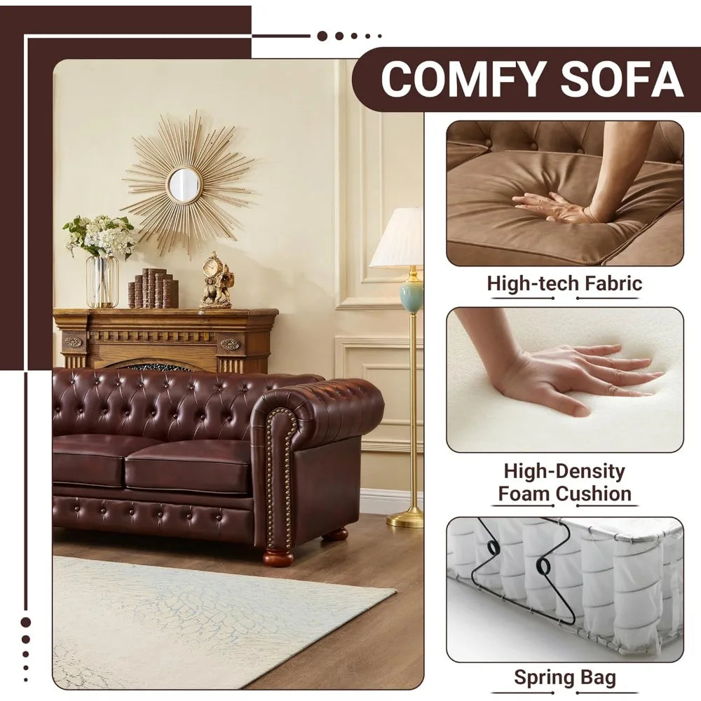 Chesterfield Sofa, 89" Faux Leather Sofa, Upholstered Sofa, Low Back, Rolled Arms Nailhead Trim, Classic 3 Seater Sofa