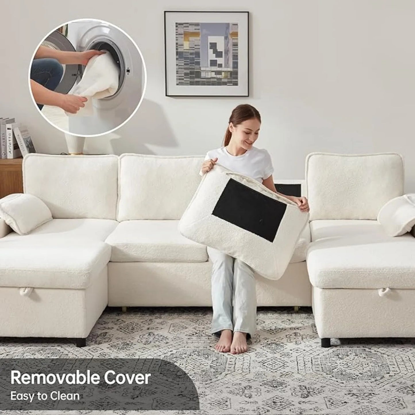 104.3'' U shape Sofa Bed Pull Out Couch Sleeper w/ Double Storage Chaise, U Shaped Convertible Sectional Sleeper Sofa