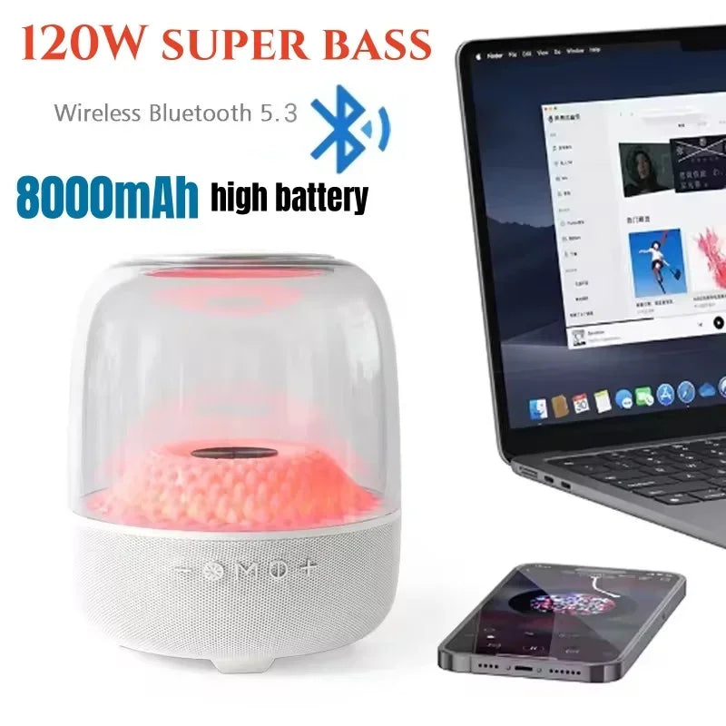 120W High Power Bass Music Box 9D Surround Sound Column Full Screen Transparent Caixa De Som Bluetooth Speaker TWS/TF