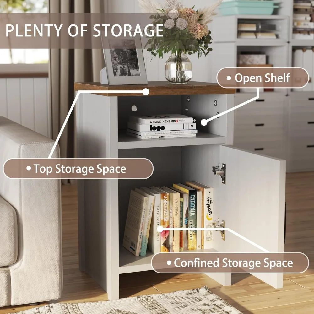 Farmhouse Nightstand                                     Modern Bedside Table with Barn Door and Shelf, Rustic End Table Side Table for Bedroom, Living Room